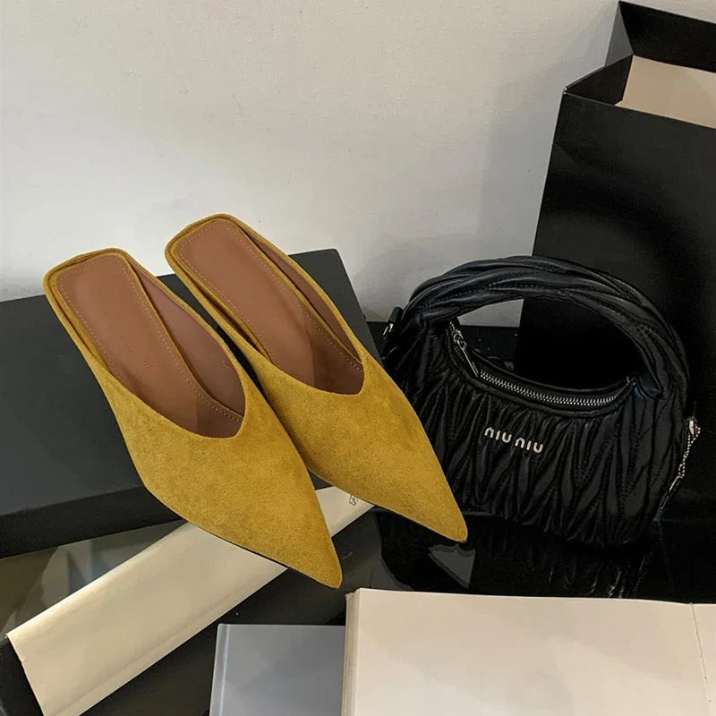 Summer Fashion Thin Mid Heels Women Slippers Elegant Pointed Toe Party Dress Mule Slides Shoes Zapatos Mujer
