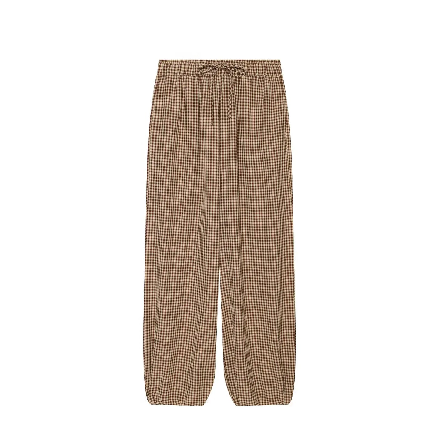 Women's Long Pants 2026 Summer New Style Red Plaid Drawstring Lantern Pants Long Pants Beach Vacation Casual Fashion