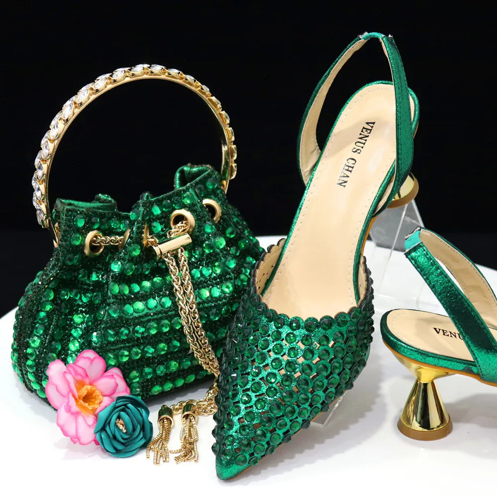 Nuevo conjunto de zapatos y bolso de diseño de diamantes