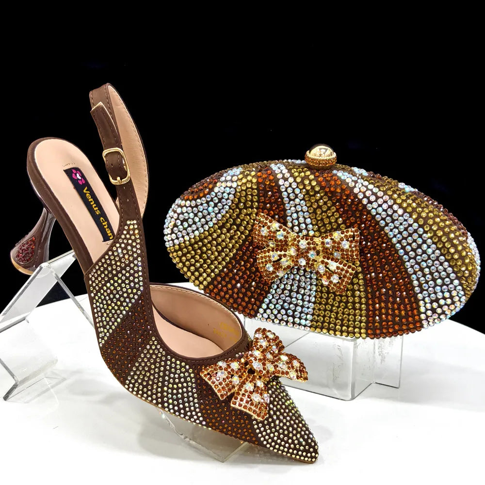 Doershow  African fashion Italian Shoes And Bag Sets For Evening Party With Stones coffee Italian Handbags Match Bags! Ho1-1
