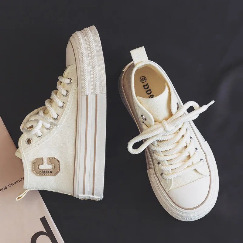 2026 Summer Women's Sneakers New Canvas Lace-Up Women's Sports Shoes Breathable Platform Sneakers Shoes White Casual Women Shoes