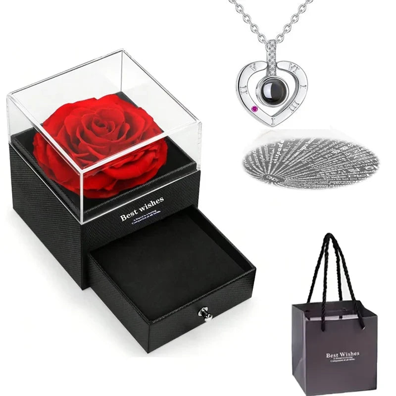 Preserved Red Rose with I Love You Necklace, for Women, Mom, Wife,Christmas Valentines Day Mothers Day Anniversary Birthday Gift