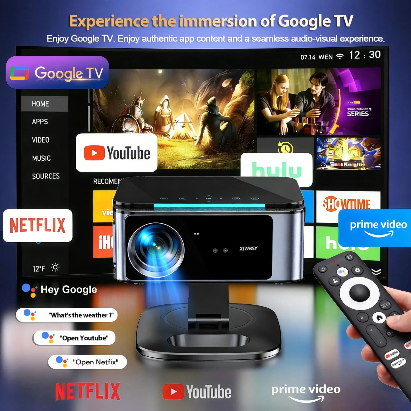 XIWBSY 3200ANSI T07Plus Google Voice Projector Android 14.0 Netflix Projector BT5.4 Wifi6 Home Theater Google TV Projector