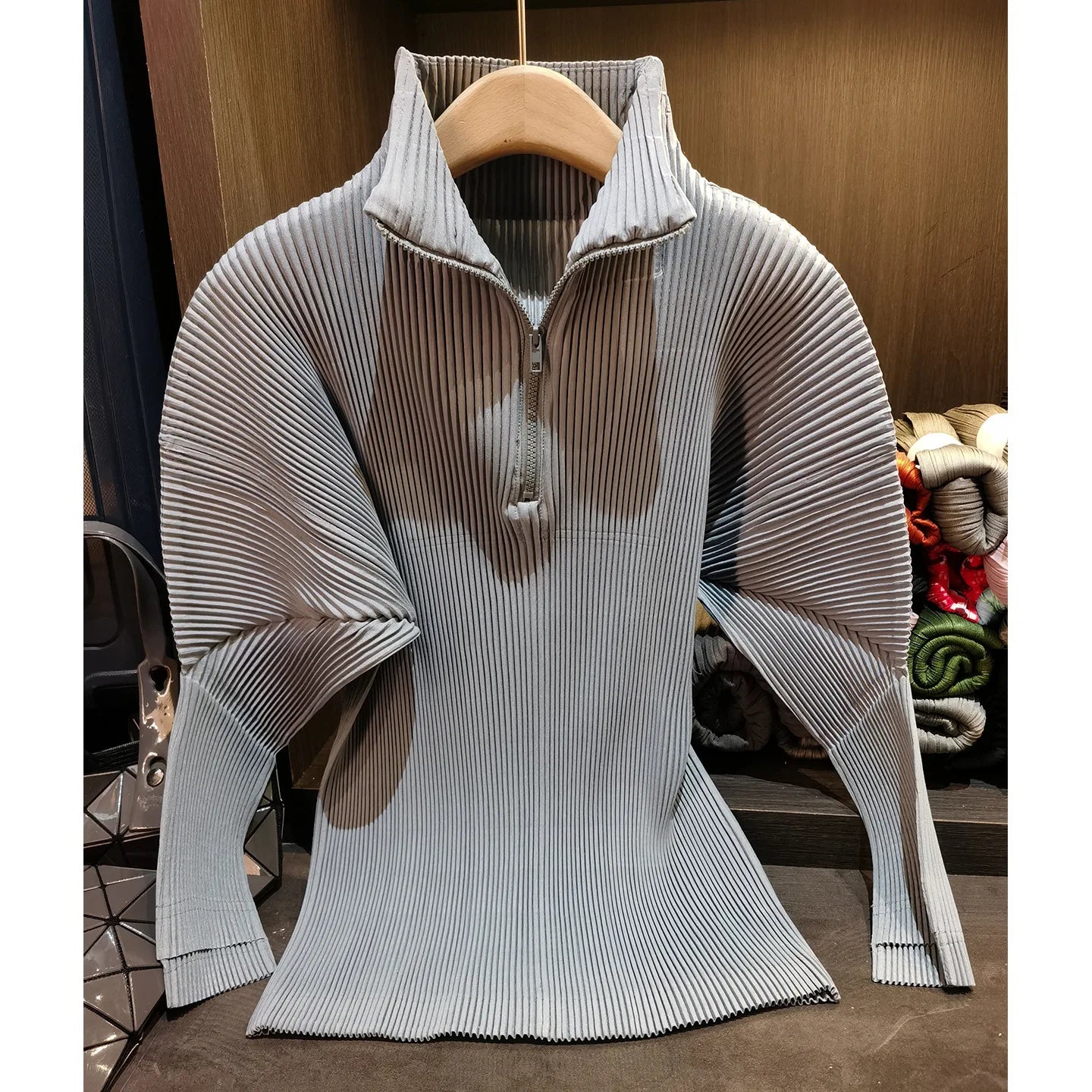Miyake Pleated Sweatshirt Pit Stripe Zipper Standing Collar Jacket Women 2025 New Casual Pullover Hundred Pleat Skinny Tops