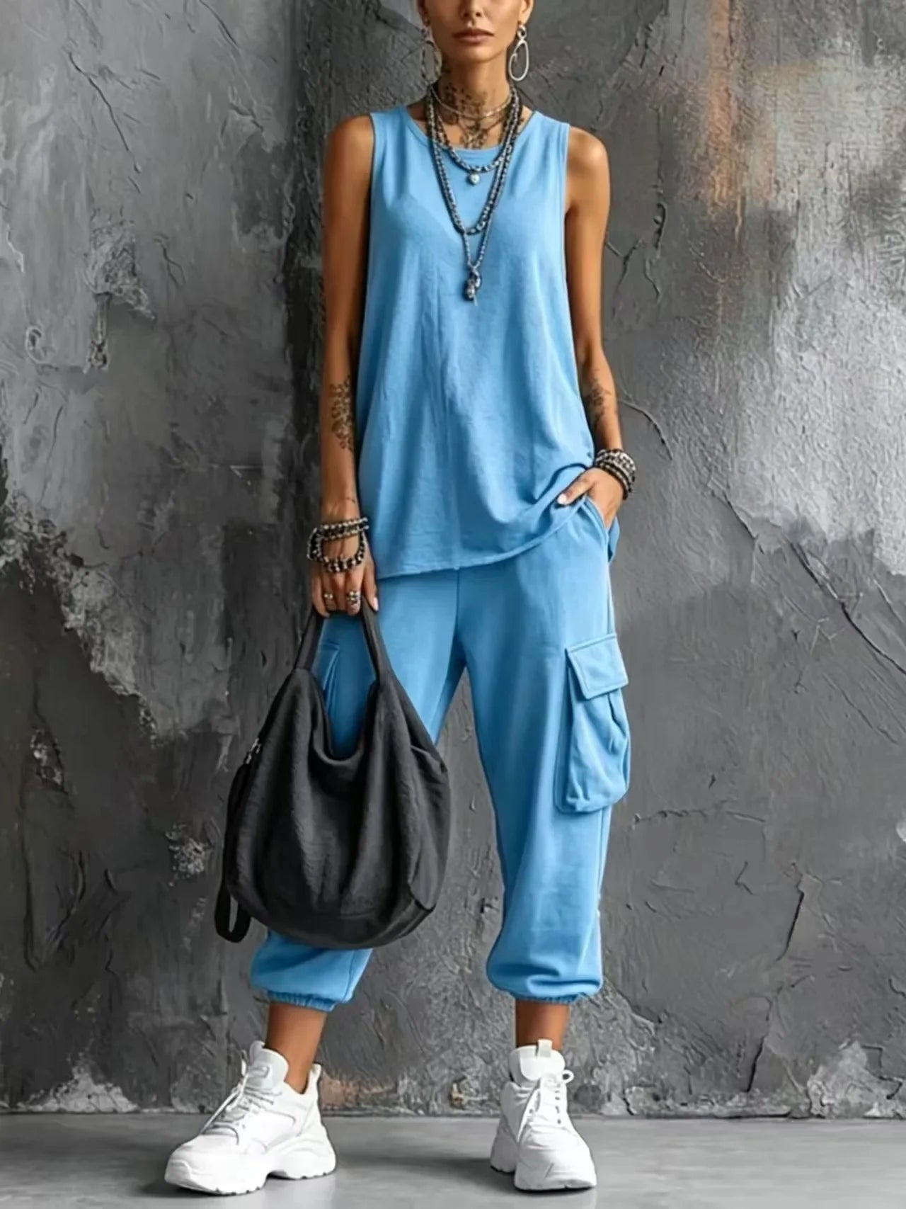 Boho Vacation Summer Sport Outfits Woman O Neck Sleeveless Top Big Pocket Capri Pants Sets Spring Casual Loose Suit Harajuku
