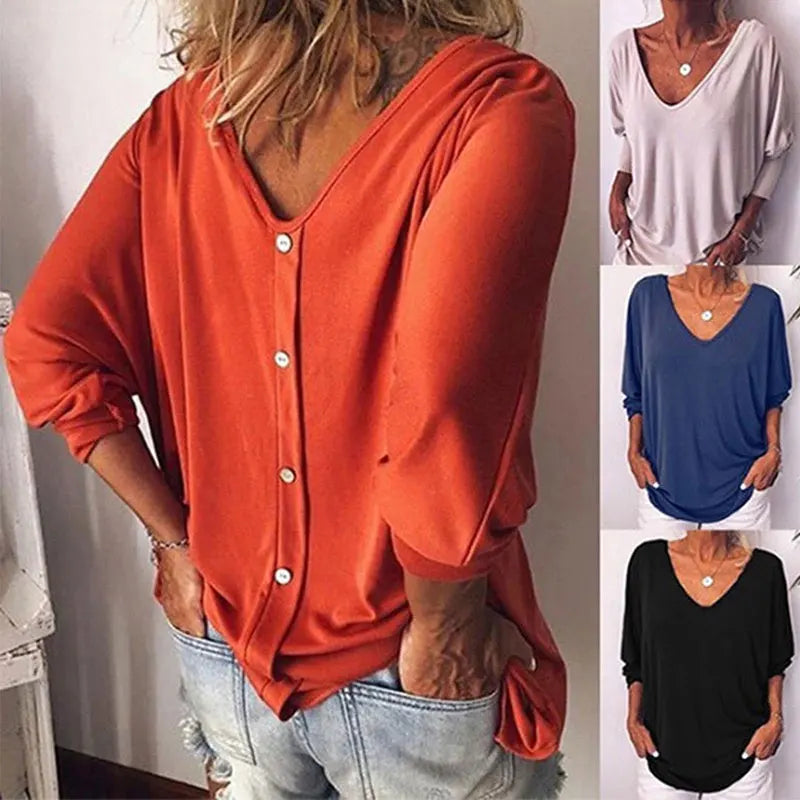 Plus Size Loose Women's Shirt V-Neck Overhead Three-Quarter Sleeve Casual Female Top Button Decoration Padded Shoulder