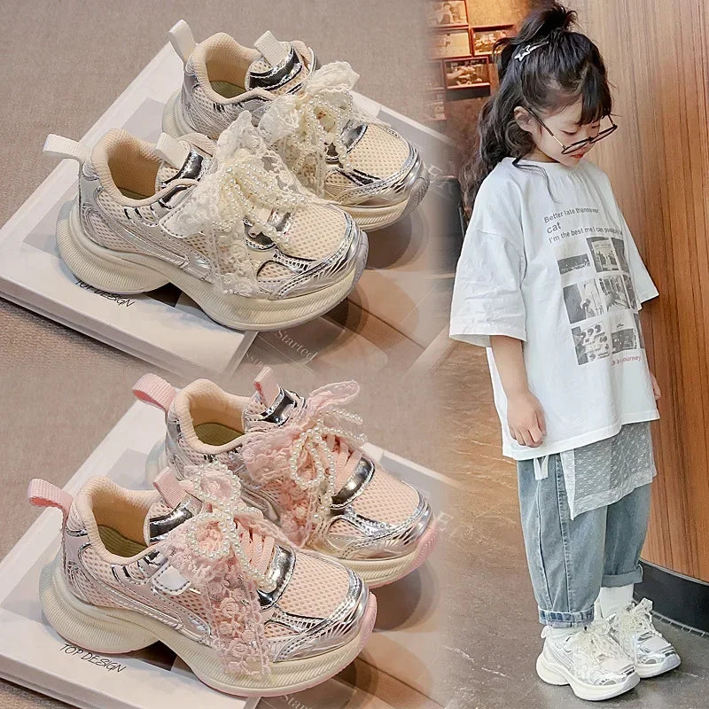 Girls Sports Shoes Princess Style Children Sneakers Thick Soft Sole 2025 New Fashion Kids Running Shoes Mesh Bows Sweet Cute