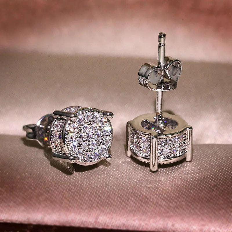 Female Austrian Crystal Round Earring White Gold Yellow Gold Color White Zircon Hip Hop Wedding Stud Earrings For Women Jewelry