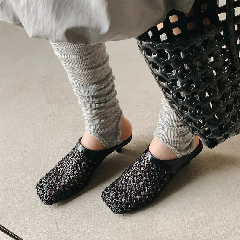 2026 Women Slippers Square Toe Med Heel Women Shoes Roman Black Women Sandals Gladiator Handmade Ladies Modern Slippers