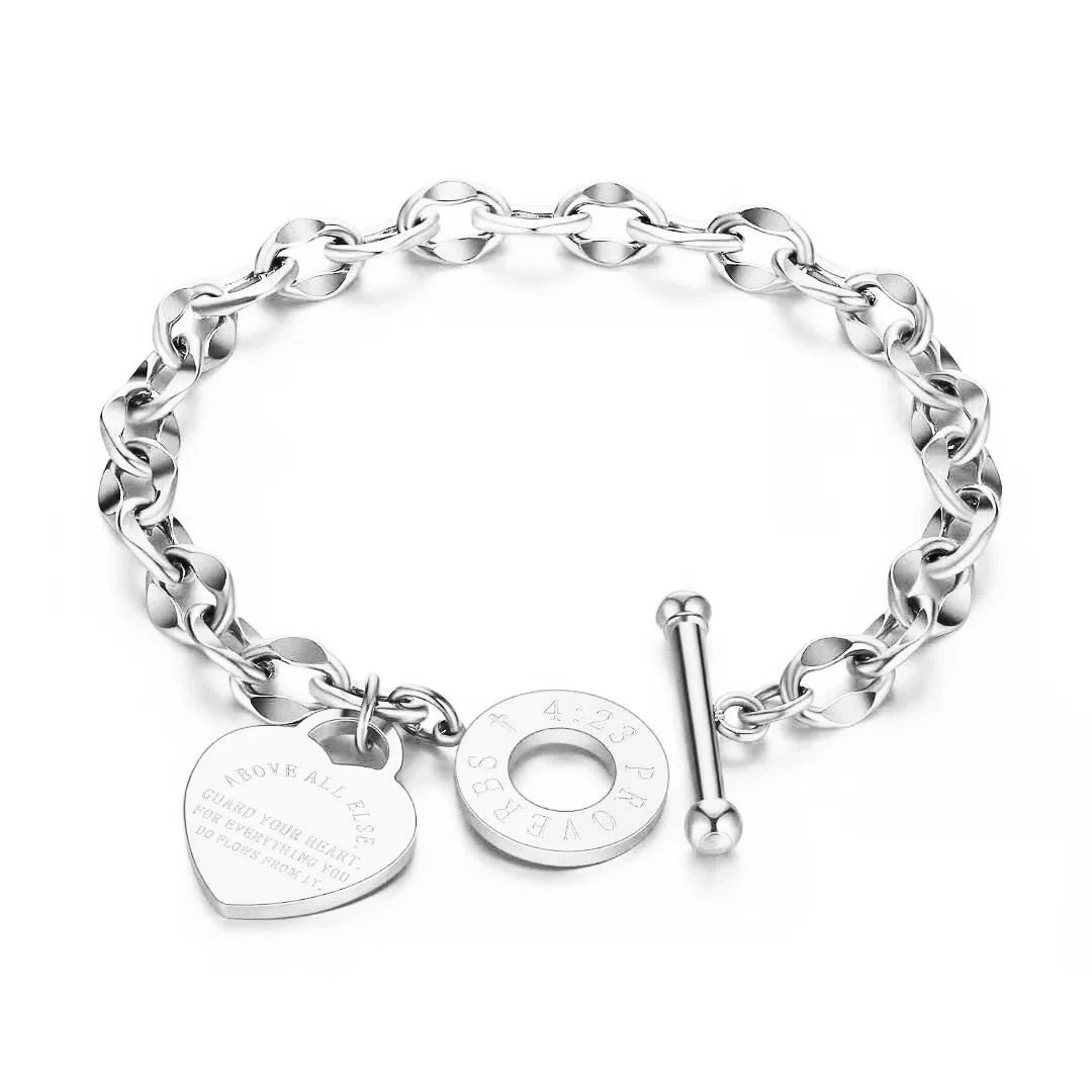 1pc Stainless Steel Bracelet with Heart Pendant, Double Heart OT