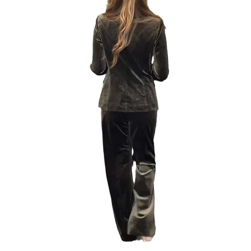 Fashion Slim Two Piece Sets For Women Elegant Double Breasted Splicing Velvet Long Sleeved Top And High Waist Straight Pant