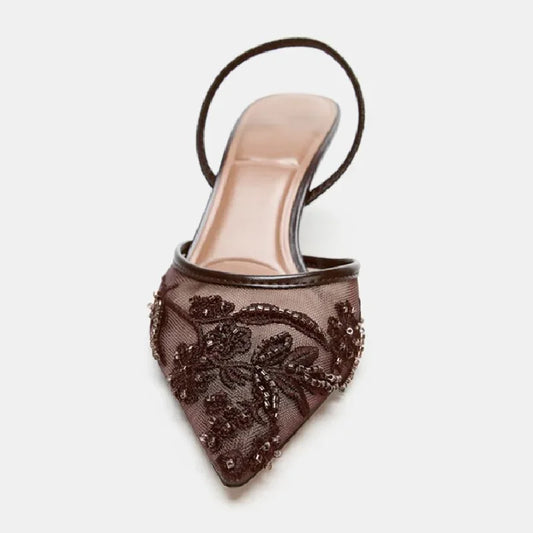 Sexy Pointed Toe Mesh Embroider High Heels for ladies Elegant String Bead pumps Summer Luxury Designer Shoe Brown Heeled Sandals