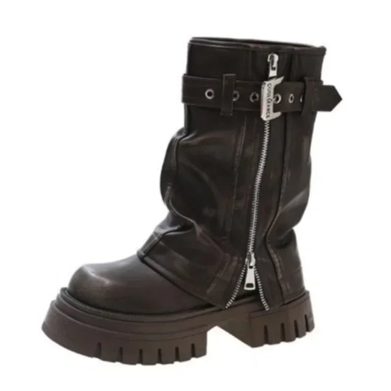 2025 Winter Women Biker Boots Fashion Belt Buckle Ladies Elegant Platform Long Pipe Booties Casual Women's Knee High Booties