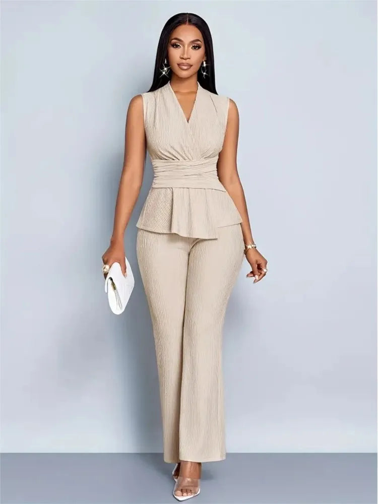 New Spring Summer Women's Trousers Two-piece Elegant Slim V-neck Sleeveless Irregular T-shirt Wide-leg Pants Office 2-piece Set
