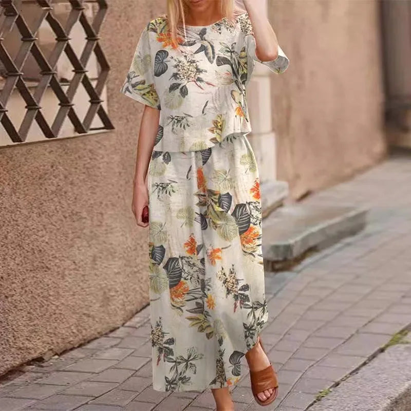 Autumn New Women's Fashion Printed Cotton Linen Plant Flower Three Sleeve Short Sleeved Casual Nine Piece Pants Two-piece Set