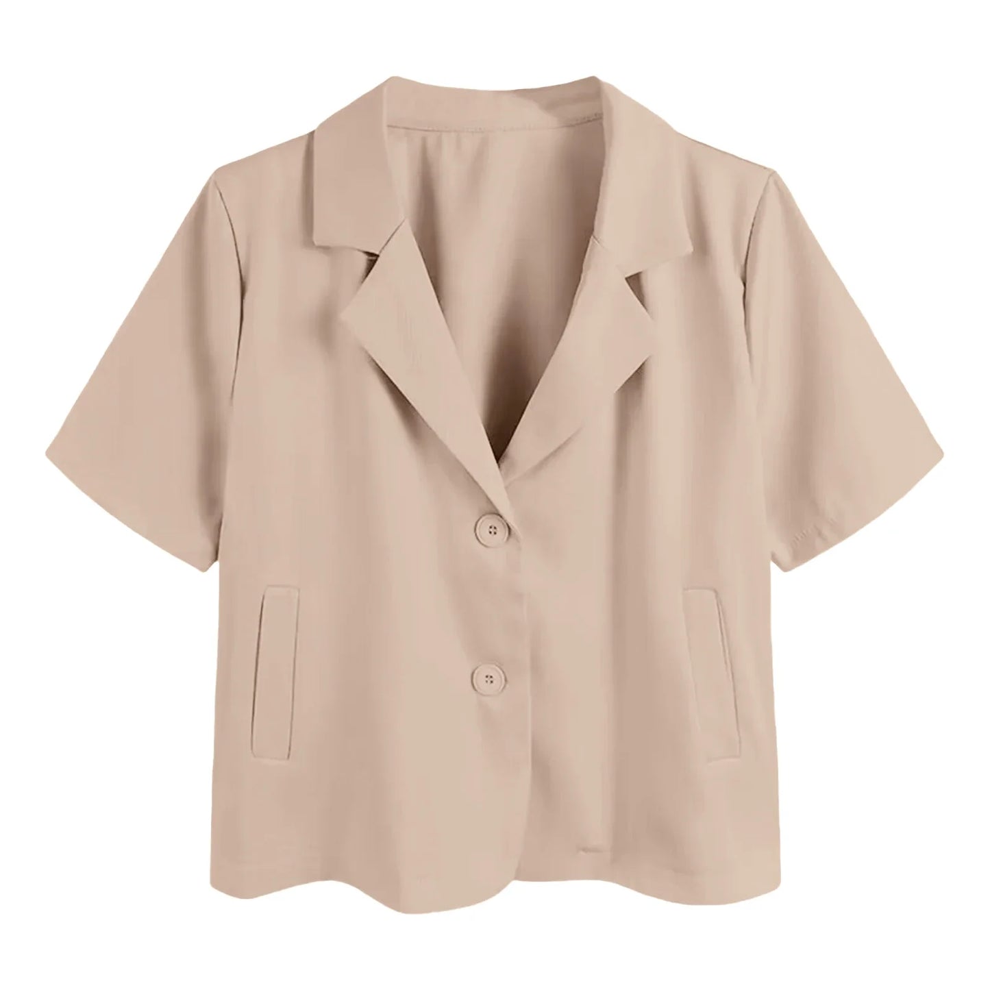 Women Cropped Short Sleeve Blazer Jacket Lapel Collar Buttons Loose Solid Suit Coat Summer Casual Office Outerwear With Pocket