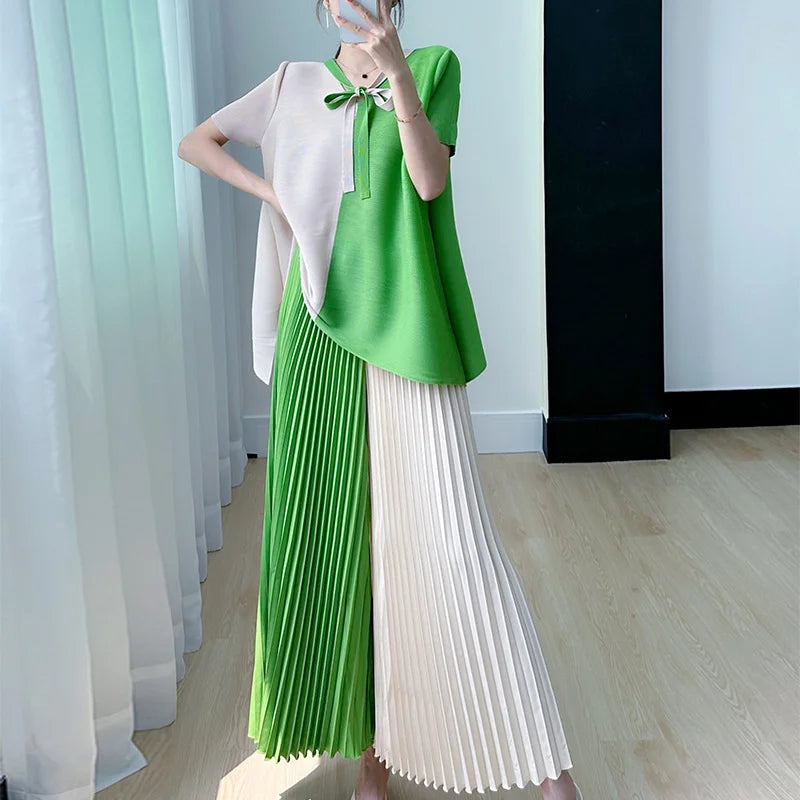 Blouse Pants Suit Women Summer Youthful Pleated Tie-front Delicate Short-sleeved T-shirt Wide-leg Pants New Comfortable Casual