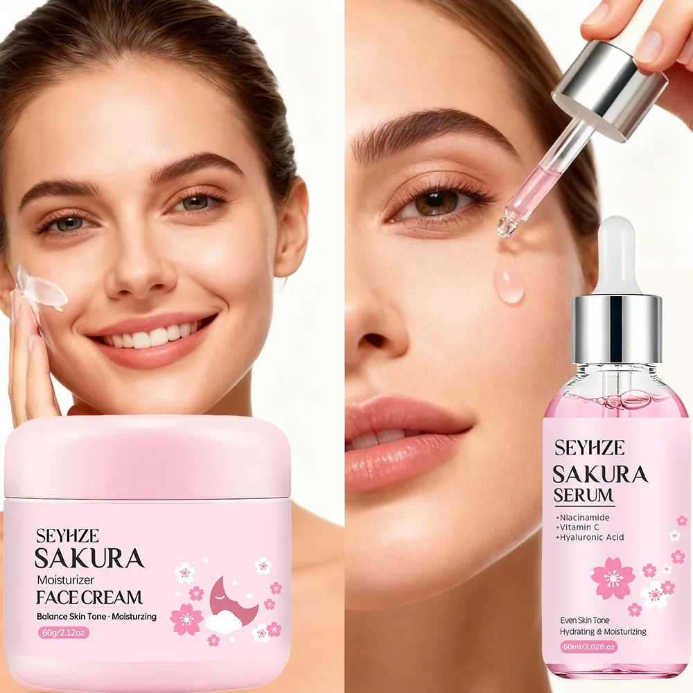 SEYHZE Sakura Collagen Essence + Moisturizing Cream Facial Care Set - 2pcs Packed with Collagen Peptides Vitamin C/E Aloe Niacin