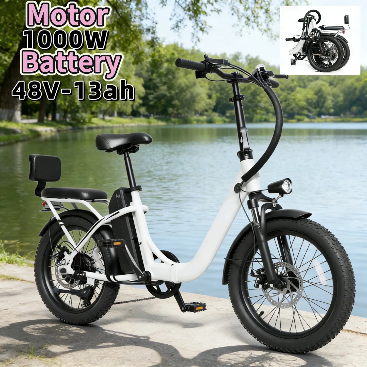 48V13AH detachable battery electric scooter, 20-inch foldable parent-child riding E-BIKE. , 1000W brushless motor electric bicyc