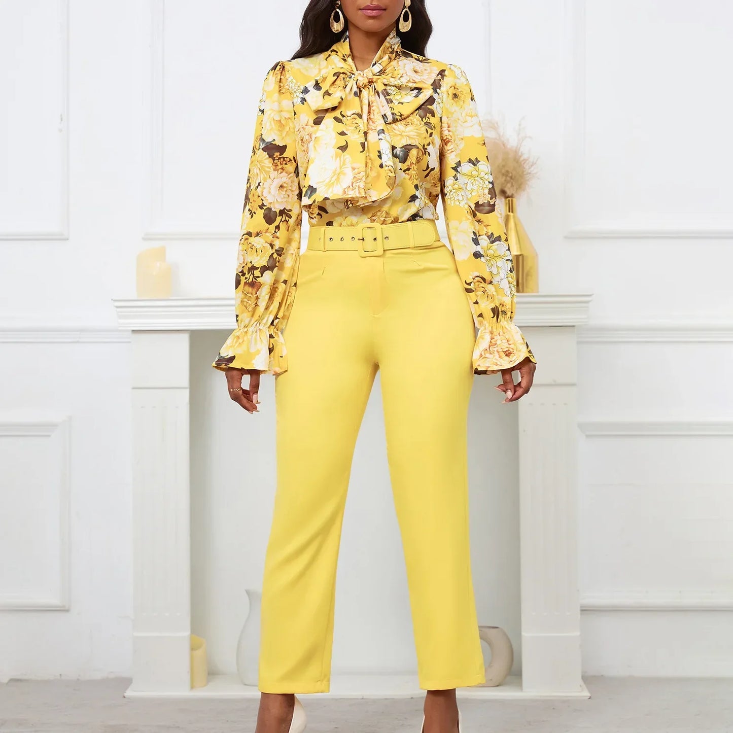 2 Piece Set  Clothes for Women Spring Clothing 2024 New Plus Size Outfit Print Shirt Pants Matching Sets With Belt