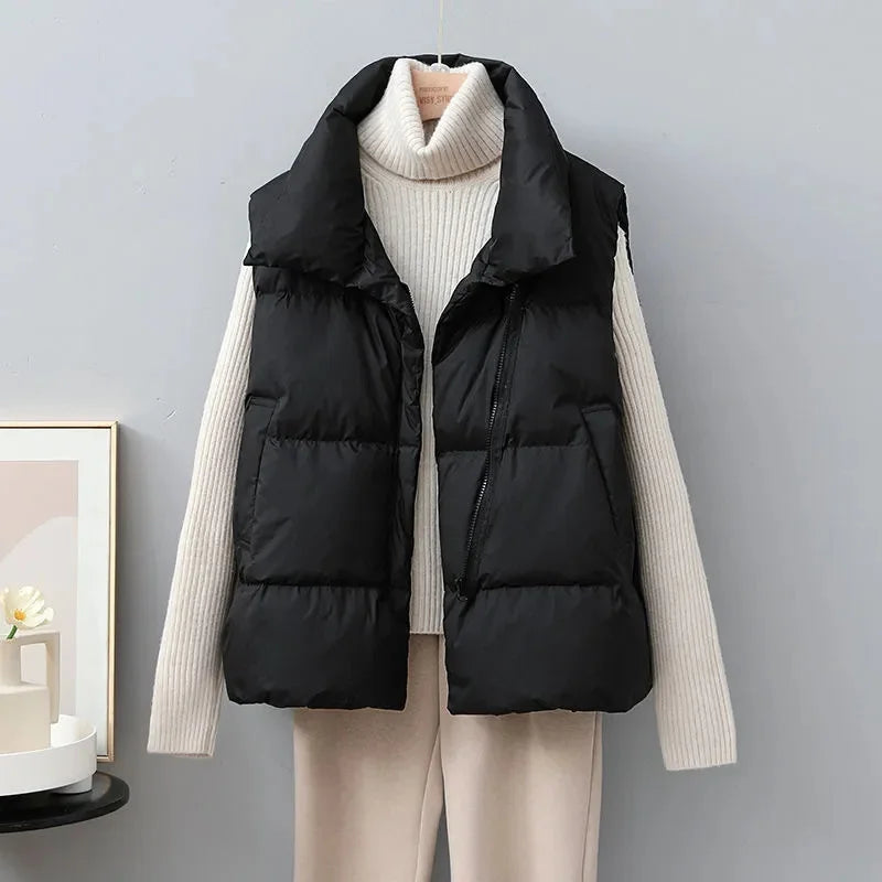 2024 New Winter Warm Cropped Vest Jackets for Women Fashion Sleeveless Stand Collar Zip Up Puffer Waistcoat Street Style Outwear
