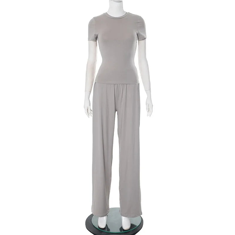 Casual Long Pants Suits Women O-neck Short Sleeve T-shirt Elastic Waist Trousers Set Spring Summer Solid Lady Household Clothes