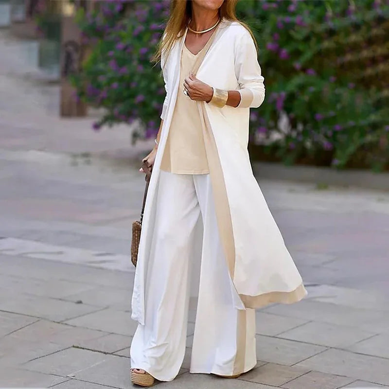 Sexy V Neck T-shirt Pants Jacket Set Office Lady Spring Autumn Solid Blouse Trousers Coat Three Piece Set Women Outfit 2023