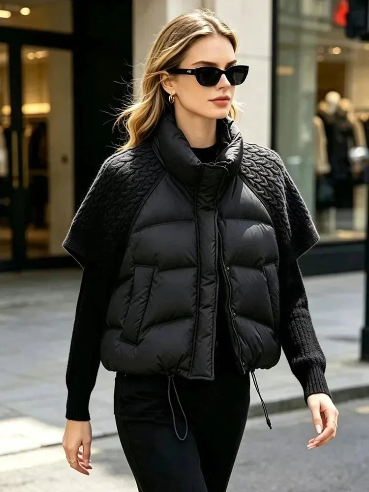 Short Puffer Jacket Sleeveless Duck Down Coat Warm Lightweight Patchwork Knitted Warm Drawstring Short Puffer Down Waistcoat