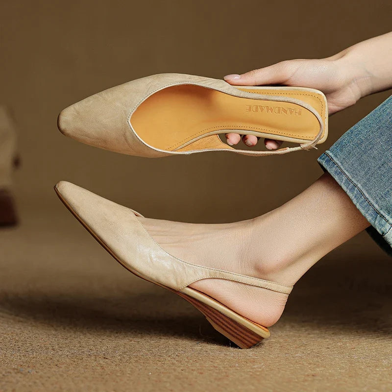 2025 New Summer Women Mules Genuine Leather Women Shoes Pointed Toe Low Heel Cover Toe Modern Women Sandals Ladies Shoes