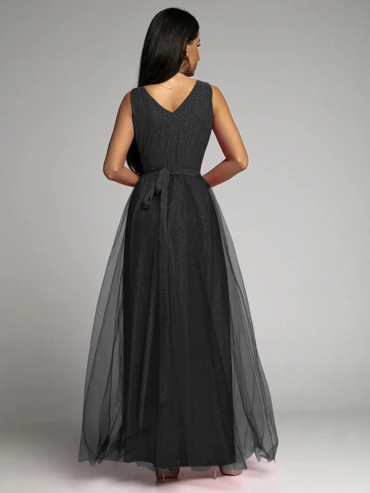 Elegant Solid Color Fine Sparkle Party Dresses Women Temperament V-neck Leace-up Mesh Slit Long Dress Evening Vestidos Female