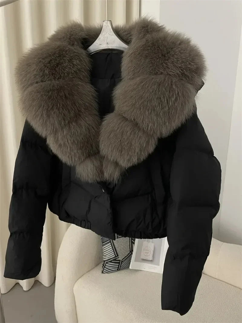 Down Jacket Women Short Puffer Jacket Thick New Big Natural Real Fox Fur Coat  Autumn Winter Female White Duck Down Coat Feather