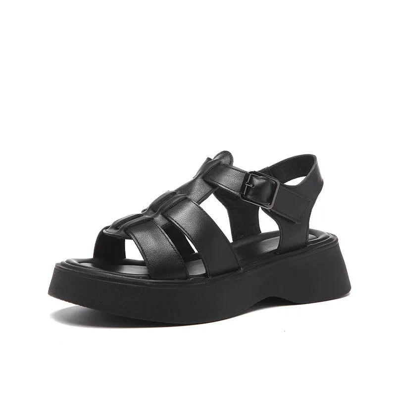 GKTINOO Summer Mixed Color Genuine Leather Sandals Roman Shoes Platform Wedges Woven Thick Soled Sandals Women Shoes Large Size