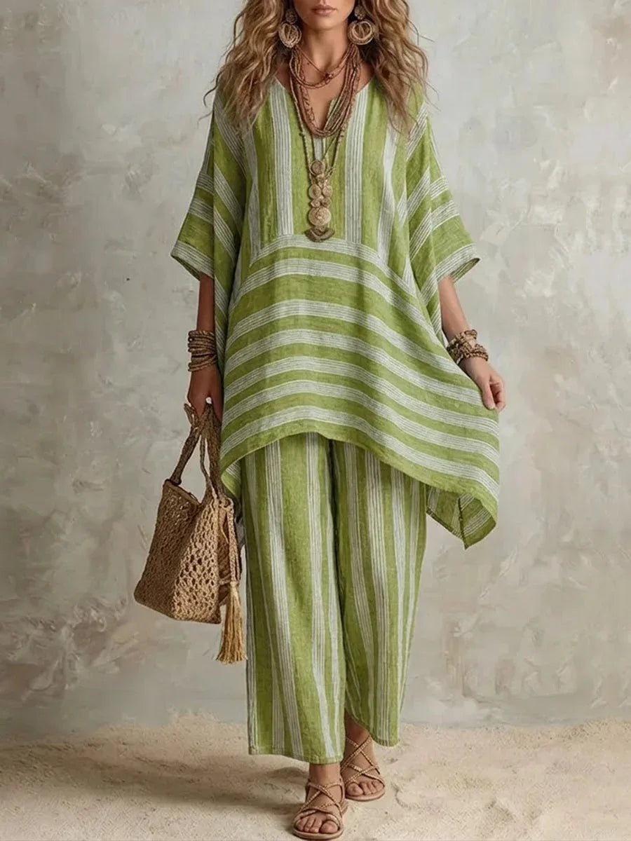 2026 New Women's Two Piece Spring/Summer Fashion V-neck Loose Striped Casual Set