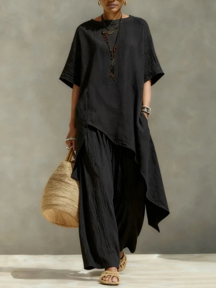 Women Cotton Linen Pant Sets 2 Pieces Casual Half Sleeve Solid Loose Irregular Blouse Elastic Waist Wide Leg Full Trousers Suits