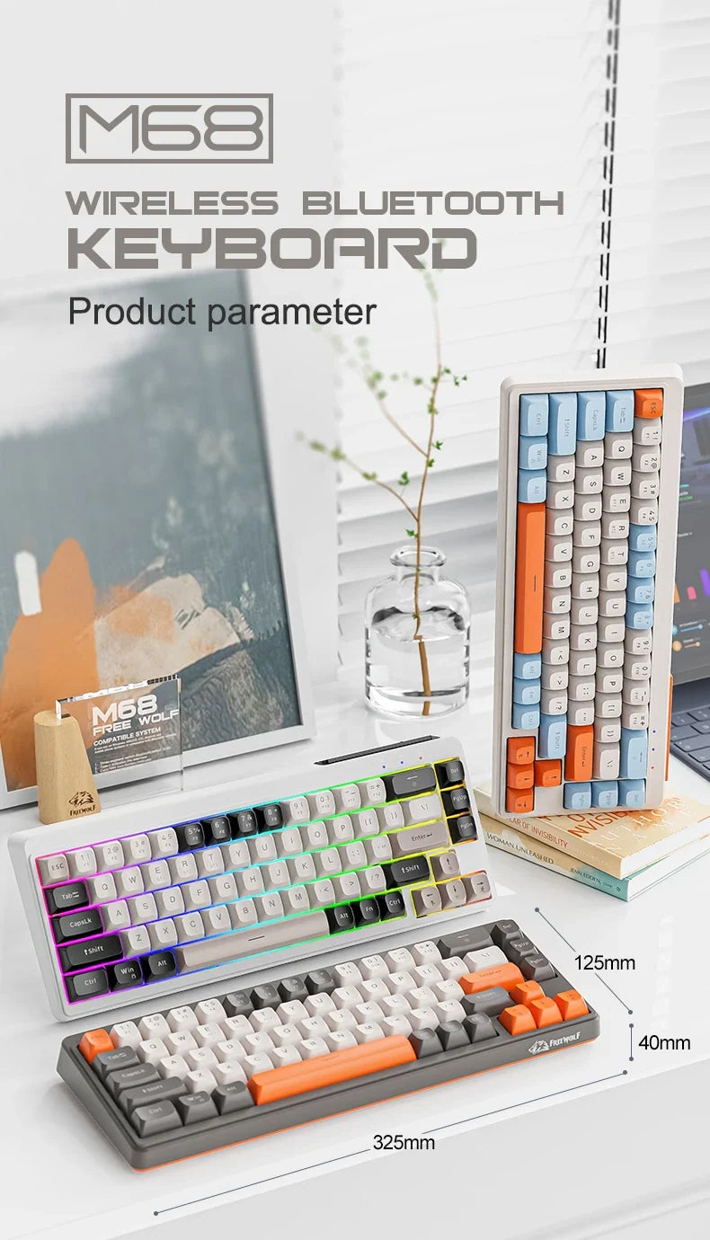 FREEWOLF M68 Wireless Keyboard and Mouse Set Multidevice Connection 68 Keys Mini Keyboard and A3 Mouse Kit PBT keycaps Backlight