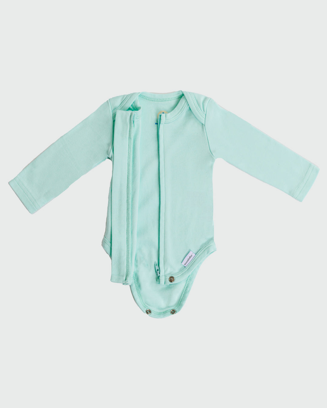 Long Sleeve Zipper Bodysuit in Seafoam, 3-6M