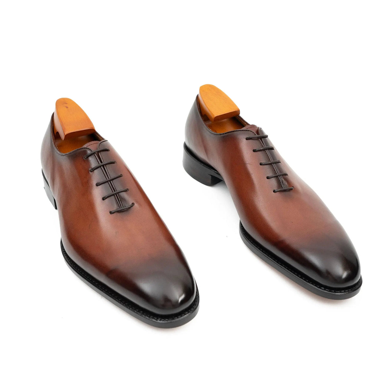 Brown Plain-Toe Calf Leather Oxford Shoes