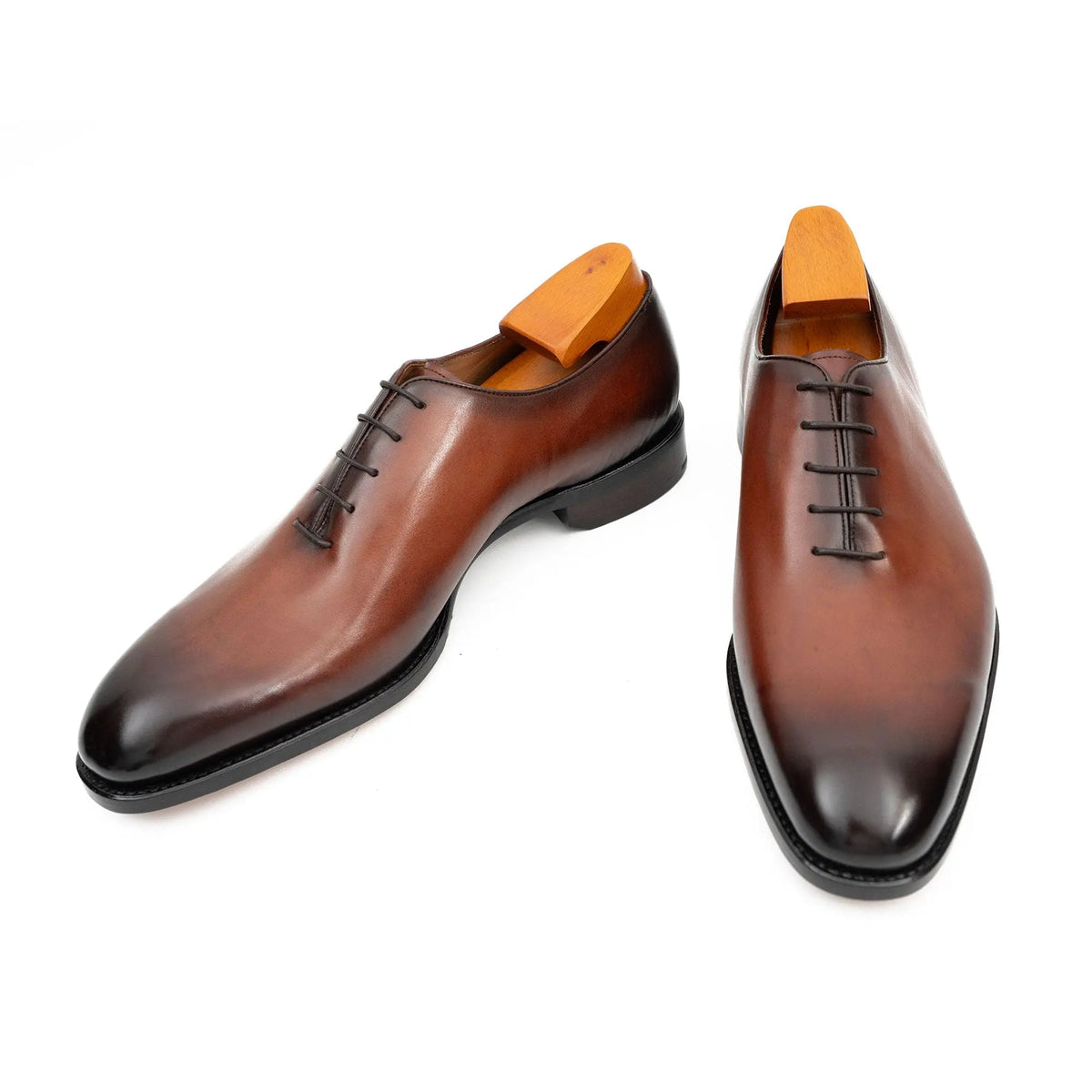 Brown Plain-Toe Calf Leather Oxford Shoes