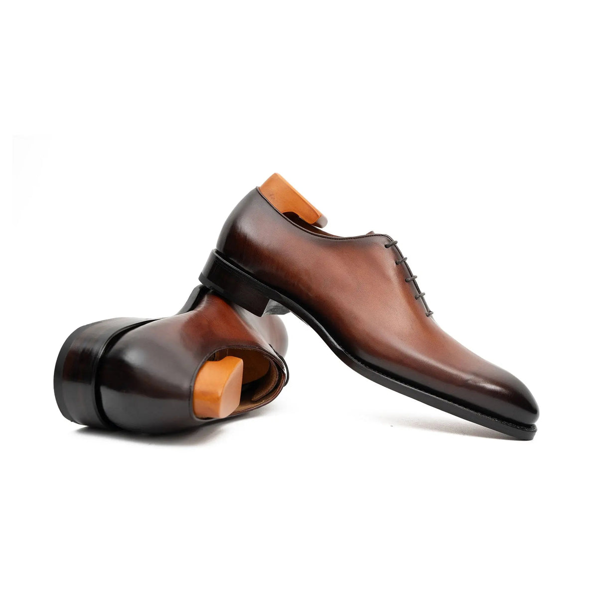 Brown Plain-Toe Calf Leather Oxford Shoes