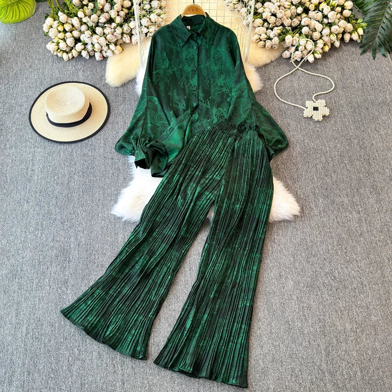 Elegant For Women's Fashion Sets Casual Long Sleeve Shirt Straight Pants Suit Female 2024 Loose Print Tops Two Pieces Outfits
