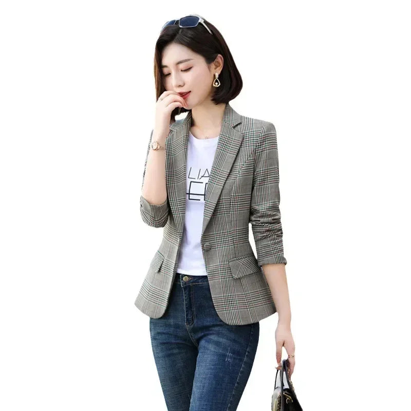 Blazer a cuadros a rayas grises, chaqueta, abrigos delgados de moda para mujer, blazers de mujer con cuello en V de un solo botón S-XXXXXL