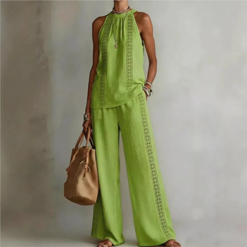 Sexy Halter Neck Sleeveless Tops Women's Suit Summer New Fashion Loose Retro Hollow Lace Pocket Wide Leg Pants 2-piece Set 2026