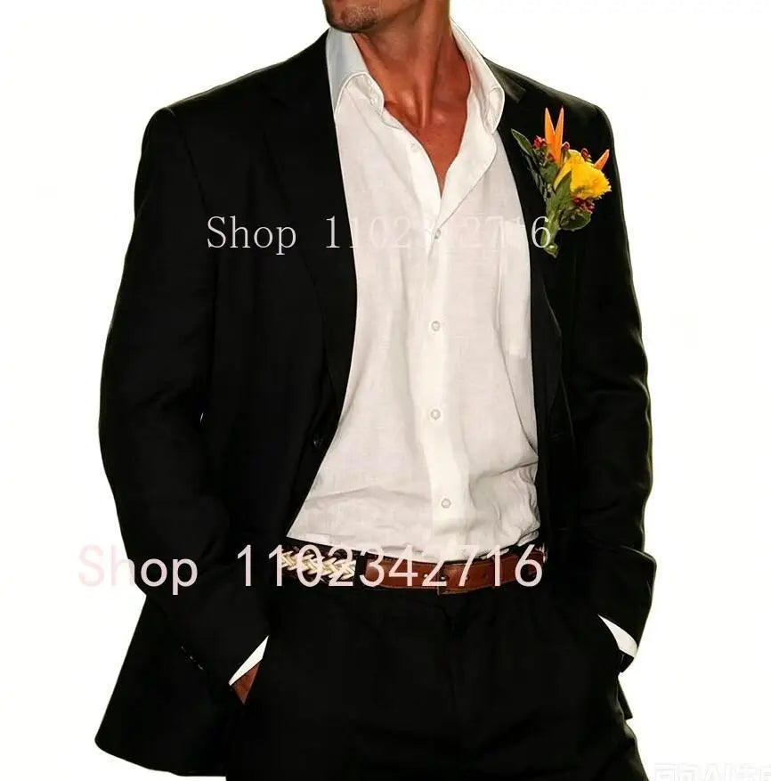 Beige Linen Men Suits 2 Pieces Beach Wedding American Style Jacket