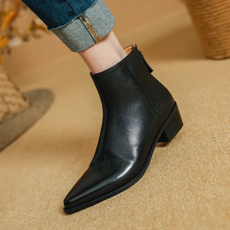2025 New Autumn Women Boots Pointed Toe Chunky Heel Shoes Genuine Leather Women Shoes Concise Zipper Ankle Boots Western Boots