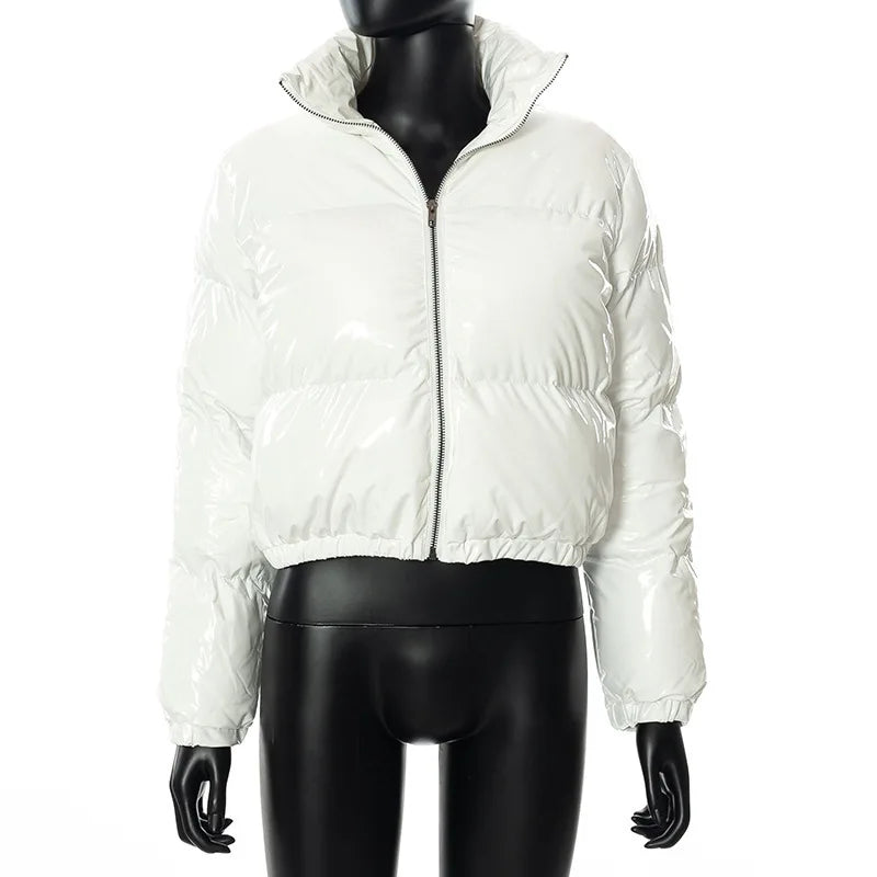 Fashion Cute Women Bright PU Pink Puffer Jacket Winter Warm Bubble Coats Shiny Leather Parkas Down Zipper Cropped Jackets Parkas