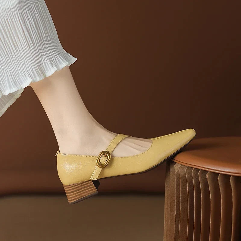 2026 New Spring Women Pumps Square Toe Chunky Heel Genuine Leather Women Shoes Shallow Metal Buckle Strap Mary Janes Ladies