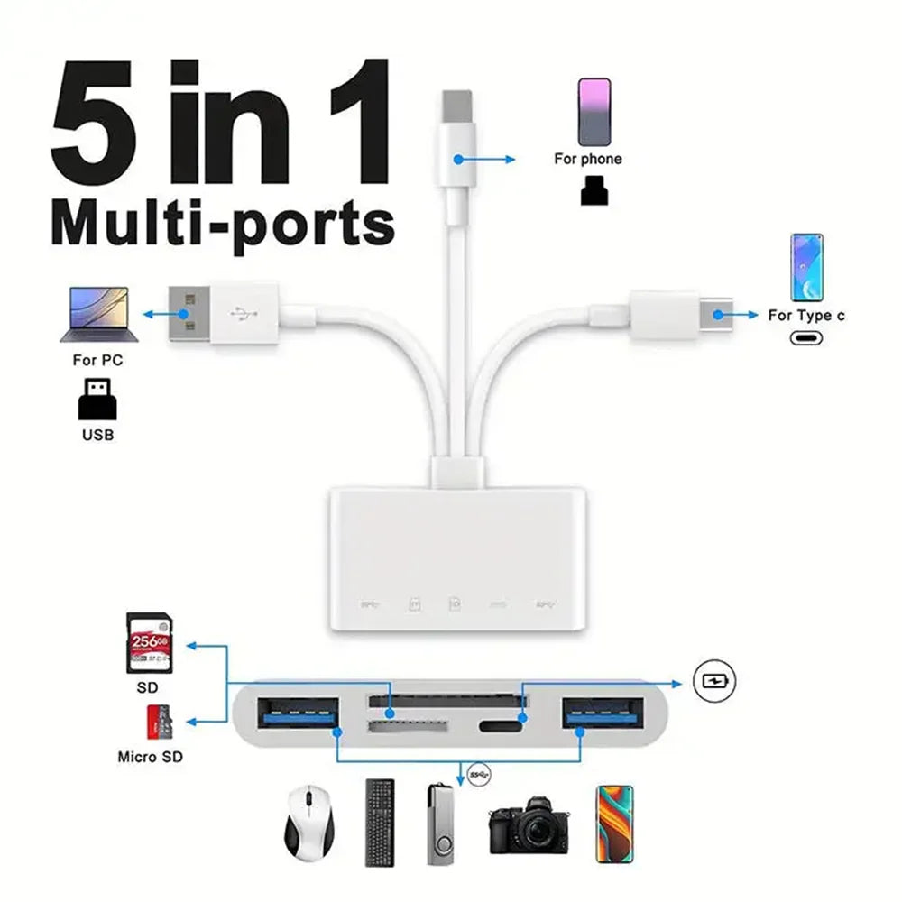 Three-wire 5-in-1 card reader, multi-function OTG converter, high-speed transmission, compatible with Iphone/Android/ipad