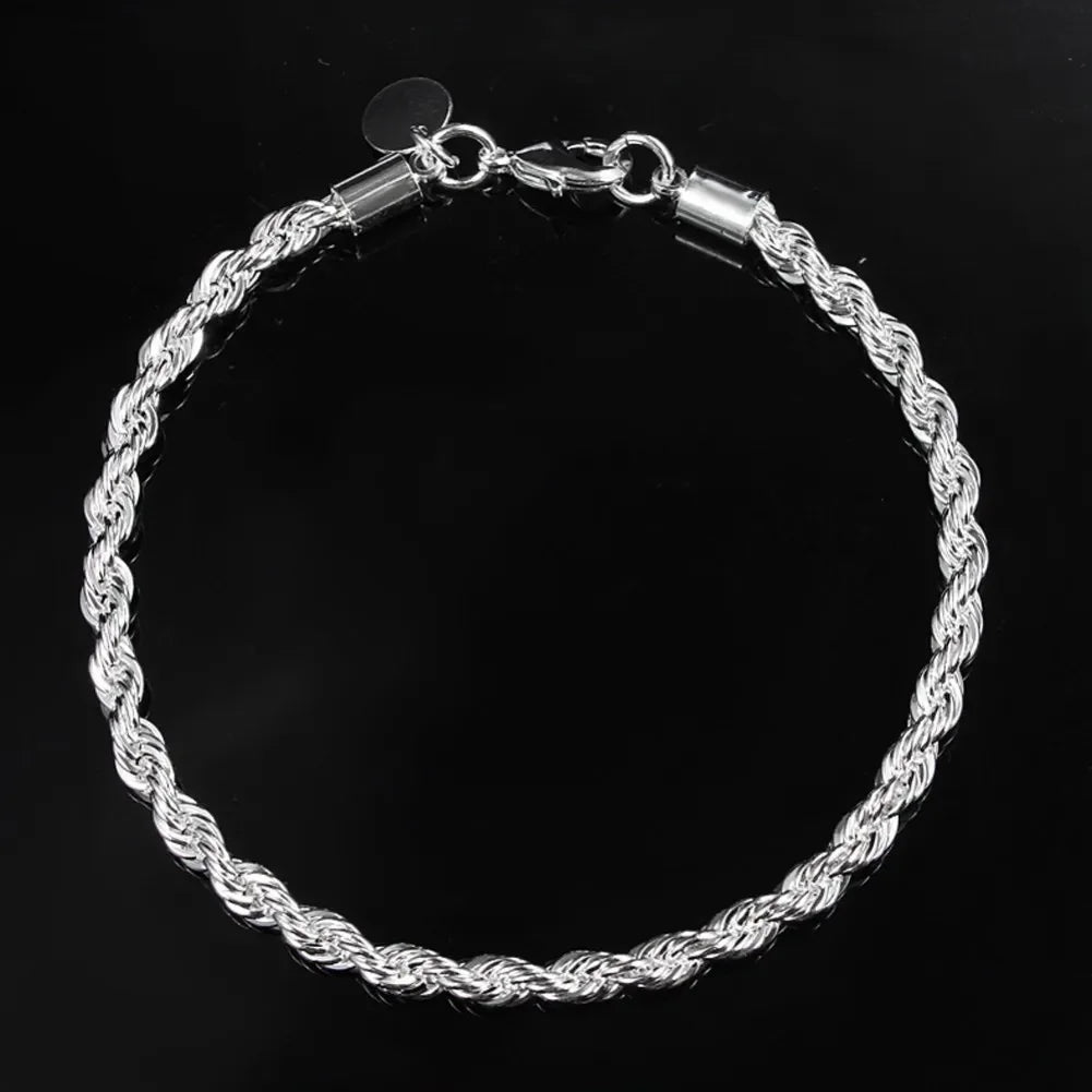 925 Sterling Silver Bracelet 4mm20cm Flat Side Chain Lobster Clasp for