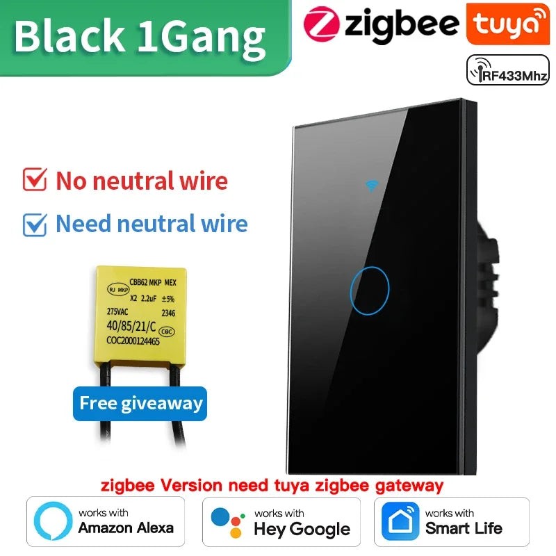 TNCE Tuya US Switch wifi zigbee, 1/2/3/4 gang, No-Neutral/Wire LED light control Wall Button, smart voice with Alexa Google Home