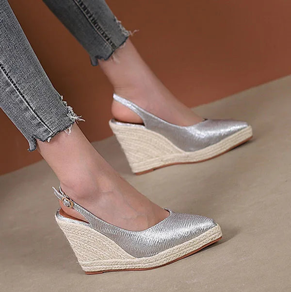 LIHUAMAO wedge ankle strap pointed toe shoes women slingback heels platform espadrilles shoes lady singback heel pumps